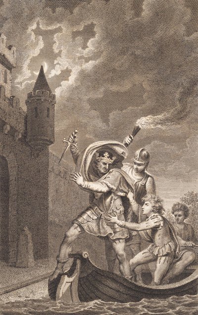 İllüstrasyon. Bir hançer ve bir teknede üç kişi ile bir kral by J.F. Clemens
