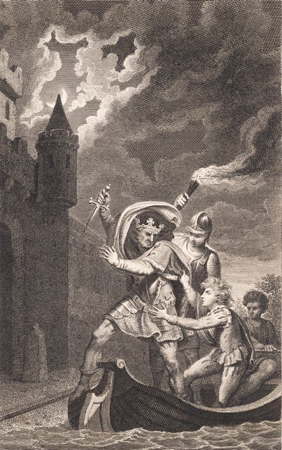 İllüstrasyon. Bir hançer ve bir teknede üç kişi ile bir kral by J.F. Clemens