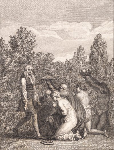 Niels Klim, ona hediyeler getiren ve önünde diz çöken Qvamitler tarafından selamlanır by J.F. Clemens