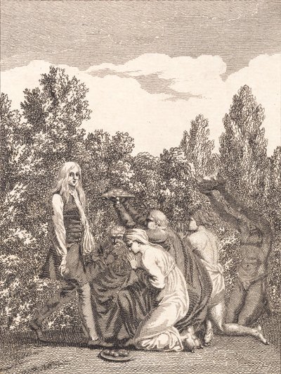 Niels Klim, ona hediyeler getiren ve önünde diz çöken Qvamitler tarafından selamlanır by J.F. Clemens