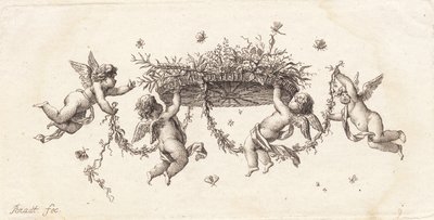 Kıvrımlı yaprakları ve kurdeleleri olan skeç by J.F. Clemens