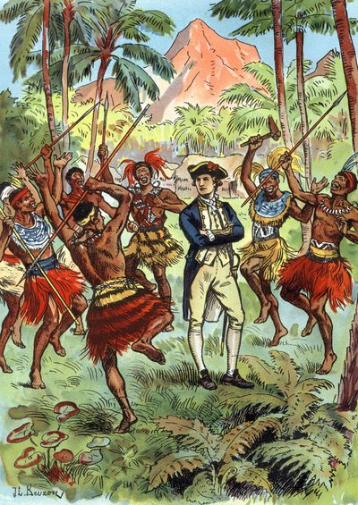 James Cook (1728-1779) ve Hawaii#39;deki yerliler by J.L Beuzon (fl.1880 1940)
