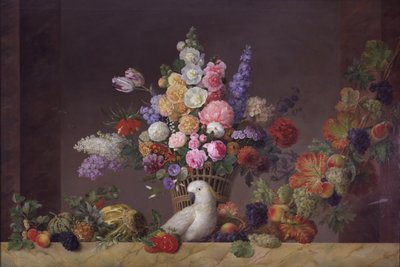 Bir sepet çiçek, bir kakadu ve bir meyve saksısı by J.L. Camradt