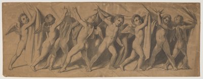 Kraliyet taslağı Tiyatro perdesi; halıyı kenara çeken putti by J.L. Lund