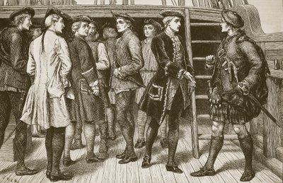 Genç Pretender ve Highland Chiefs, Butterworth ve Heath tarafından kazınmış İskoçya'ya inmeden önce 'Doutelle' gemisinde by J.M.L. Ralston