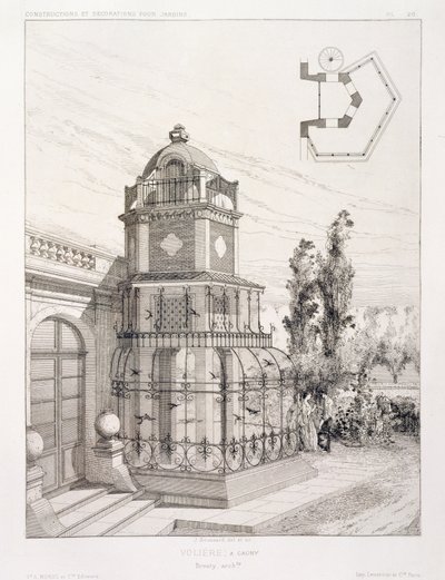 Ötücü kuşlar için kuş kafesi, çeşitli mimarların tasarımlarından oluşan bir cilt, pub. Morel & Cie, Paris, 1880 dolayları by J. Boussard