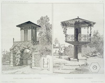 Köşk, Meudon ve kapalı teraslı portal, St. Denis, çeşitli mimarların tasarımlarından, pub. Morel & Cie, Paris, 1880 dolayları (gravür) by J. Boussard