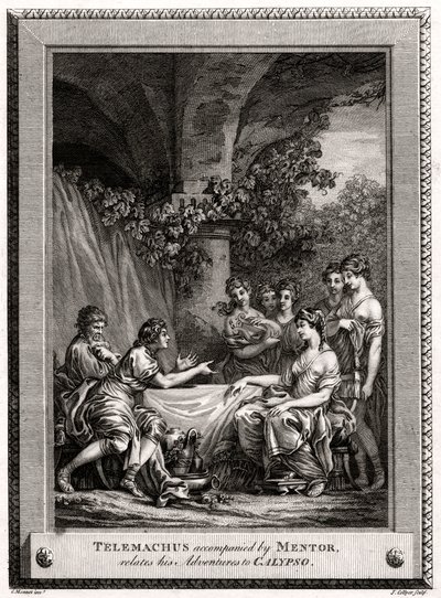 Mentor eşliğinde Telemachus, Maceralarını Calypso ile ilişkilendirir, 1774 by J. Collyer