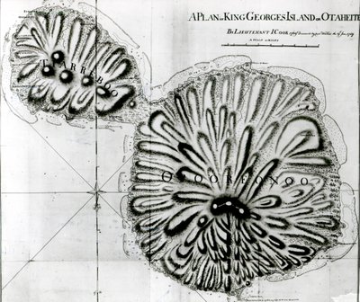 Kral Georges Adası veya Otheite Planı, 1769 (lito) (bw fotoğraf) by J. Cook