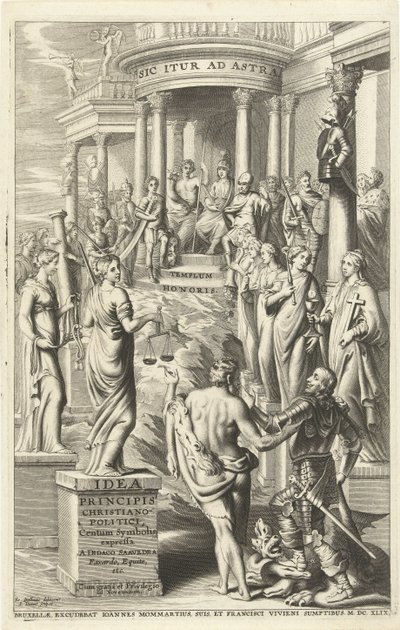 Herkül, insanı geçmişteki erdemlerin kişileştirmelerini ebedi ün tapınağına götürür. Başlık sayfası: Idea principis christiano-politica, Centum Symbolis expressa, Brüksel 1649 (nesne üzerindeki başlık) by J. Danoot