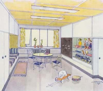 1930s interiors: Nursery (colour litho) by J. Demetz