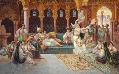 Bir harem dansı (gemiye serilmiş tuval üzerine yağlı boya) by J. G. Delincourt