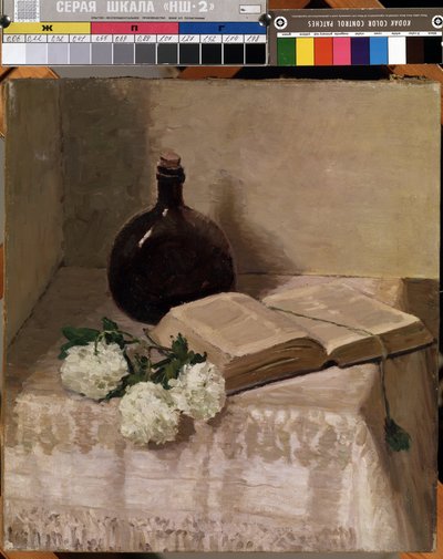 "Şişe, açık kitap ve beyaz çiçeklerle natürmort" (Kitapla natürmort) Tablo Johannes Hansch (1875-1946) Dim 45 x 41,5 cm Mikalojus Konstantinas Ciurlionis Güzel Sanatlar Müzesi, Kaunas, Litvanya by J. Hansch