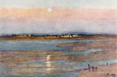 Gün Batımında Ayın Doğuşu, La Croix Blanche, Mont St Michel (renkli taş) by J. Hardwicke Lewis