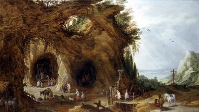 Dağlık Bir Peyzajdaki Bir Tapınakta Hacılar (panelde yağ) by J. and Momper J. de Brueghel