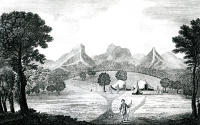 Juan Fernandes adasındaki Commodore çadırından bir görünüm, c.1745 (gravür) by J. S. Mason