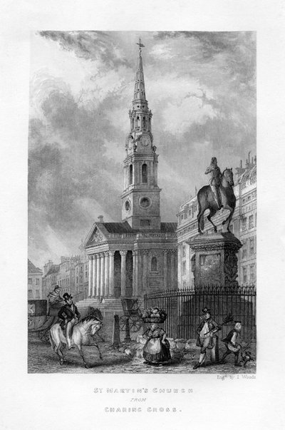 Charing Cross, Londra, 19. yüzyıl St Martins Kilisesi. by J. Woods