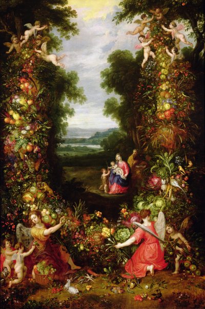 Kutsal Aile, meyve ve sebze çelengi olan bir manzarada (panel) by J. and Avont, P. van Brueghel