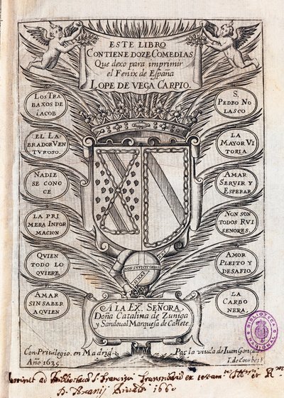 Vega Carpio (1562-1635) tarafından Felix Lope tarafından on iki komedi koleksiyonunun yarım başlık sayfası by J. de (after) Courbes
