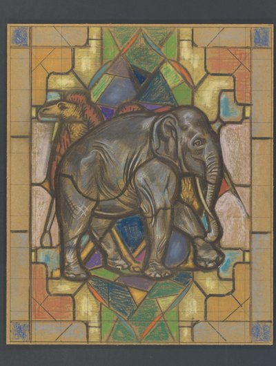 Bir fil ve deve ile vitray pencere için tasarım by Jaap Weyand