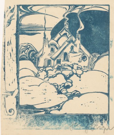 Tepelik bir manzara içinde sigara bacaları olan ev by Jac Jongert (signed by artist)