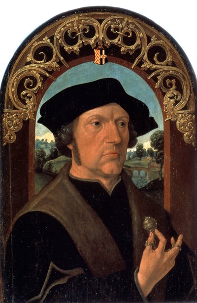 ""Bir adamın portresi"" (Bir adamın portresi) Hollanda burjuvazisinin elinde gümüş bir mücevher tutan bir adamın portresi. Jacob Cornelisz van Oostsanen tarafından yapılan tablo (1470 dolaylarında - 1533 dolaylarında) Hermitage Museum Saint Petersburg by Jacob Cornelisz van Oostsanen