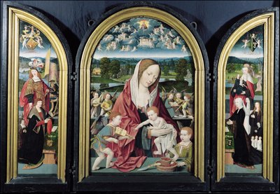 Müzik Yapan Melekler ve Sampsons-Coolen ailesi ile Bakire ve Çocuk, Üç Parçalı, 1500-1525 by Jacob Cornelisz van Oostsanen