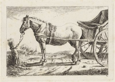 Ayakta duran at, bir arabanın önünde otostopla Çeşitli ustaların çizimlerinden sonra altı baskı (seri başlığı) by Jacob Elias van Varelen