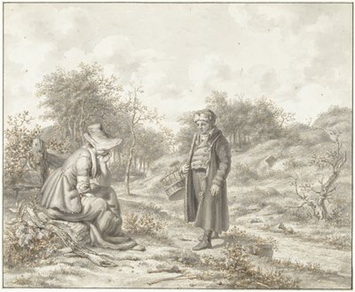Oturan kadın ve sepetli duran adam ile tepelik manzara by Jacob Ernst Marcus