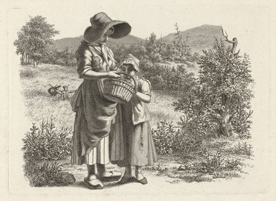 Genç kadın ve sepete bakan bir çocuk Çalışma baskıları / Etudes mezarları (seri başlığı) by Jacob Ernst Marcus