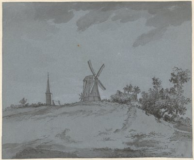 Bir tepe üzerinde yel değirmeni ve kilise ile manzara by Jacob Ernst Marcus