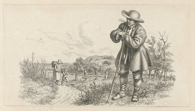 Bir çubuğa yaslanmış bir adam ve bir köy yolunda çocuğu olan bir kadın. Çalışma baskıları / Etudes mezarları (seri başlığı) by Jacob Ernst Marcus