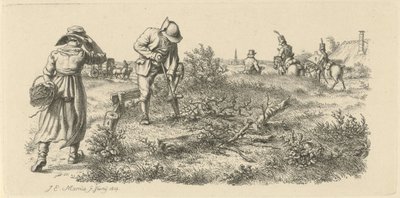 Kazıcı adam, sepetli bir kadın ve at sırtında askerler Çalışma baskıları / Etudes mezarları (seri başlığı) by Jacob Ernst Marcus