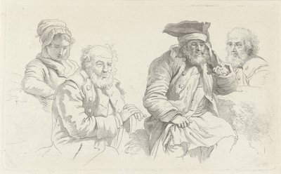 Üç yaşlı adam ve genç bir kadınla çalışma sayfası Çalışma baskıları / Etudes mezarları (seri başlığı) by Jacob Ernst Marcus