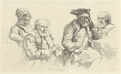 Üç yaşlı adam ve genç bir kadınla çalışma sayfası Çalışma baskıları / Etudes mezarları (seri başlığı) by Jacob Ernst Marcus