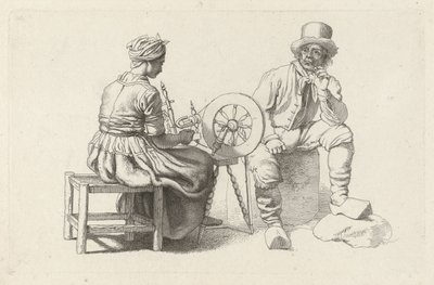 Çıkrık başında bir kadın ve oturan bir adamla çalışma sayfası Çalışma baskıları / Etudes mezarları (seri başlığı) by Jacob Ernst Marcus