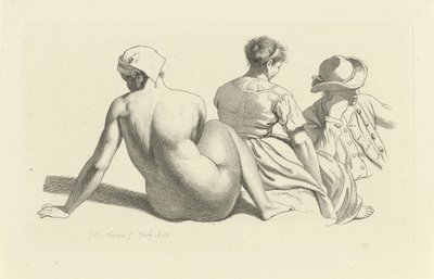 Oturmuş çıplak ve iki figürlü çalışma sayfası Çalışma baskıları / Etudes mezarları (seri başlığı) by Jacob Ernst Marcus