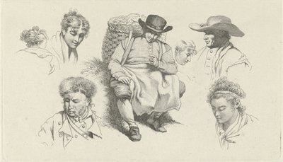 Rakamlarla çalışma sayfası ve pipolu dinlenen bir balıkçı Çalışma baskıları / Etudes mezarları (seri başlığı) by Jacob Ernst Marcus