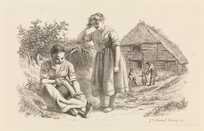 Bir ahırın önünde iki kadın ve çocuklu bir adam Çalışma baskıları / Etudes mezarları (seri başlığı) by Jacob Ernst Marcus