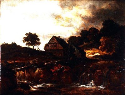 Bir sel üzerinde bir köprüde köylü ile Ormanlık Manzara by Jacob I. van (follower of) Ruisdael
