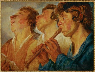 Üç gezgin müzisyen, ikisi şarkı söylüyor, üçüncüsü çalıyor ... (ahşap üzerine resim) by Jacob Jordaens
