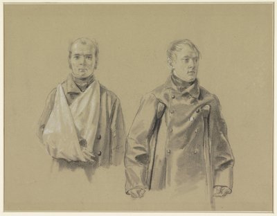 İki yaralı asker, sol kolu bir askıda, sağ koltuk değneklerinde by Jacob Joseph Eeckhout