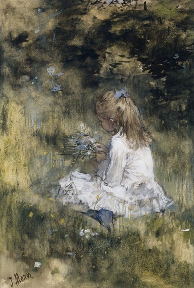 çimenlerin üzerinde çiçekli bir kız Otların arasında çiçeklerle Jacob Maris kızı by Jacob Maris