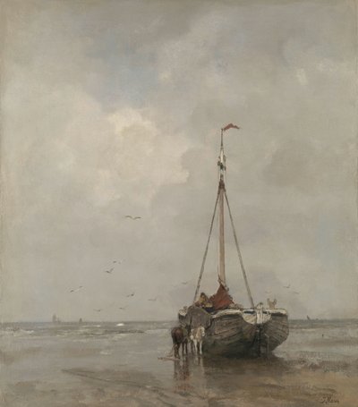 Scheveningen sahilinde Scheveningen Bomschuit'te Sahilde Blöf Eğimli Balıkçı Teknesi by Jacob Maris