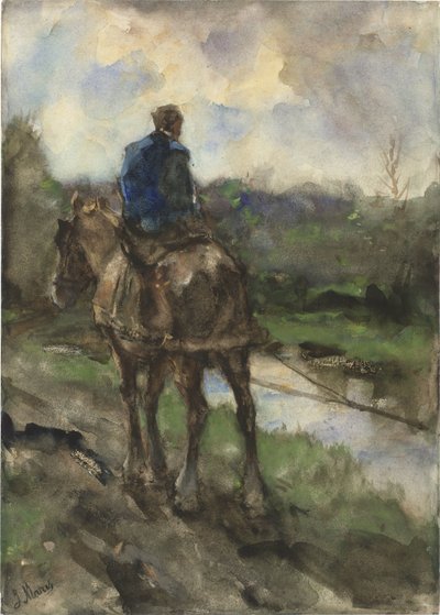 Çekme yolunda at sırtında avcı by Jacob Maris
