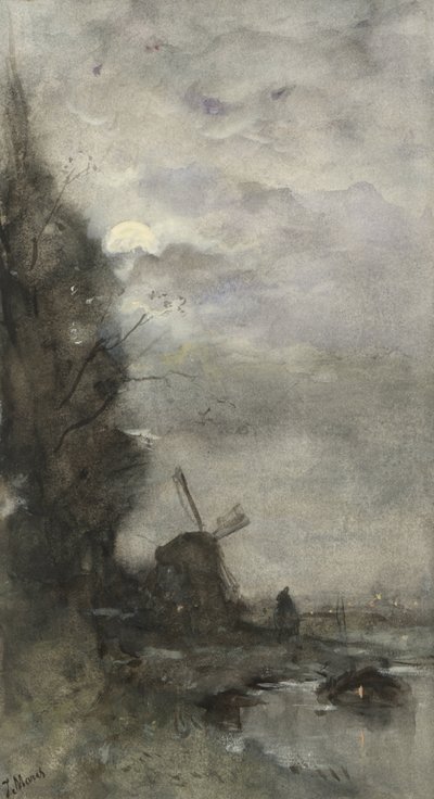 Ay ışığında değirmen ile manzara by Jacob Maris
