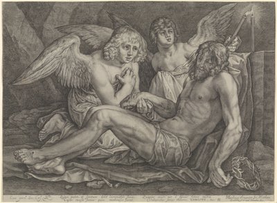İsa mezarda, iki melekle by Jacob Matham