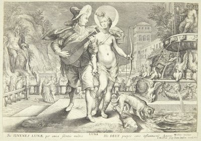 Diana, genç bir müzisyen eşliğinde Luna rolünde by Jacob Matham