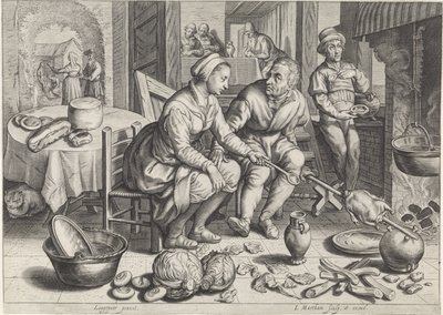 Bir şiş üzerinde tavuk ile mutfak parçası İncil sahneleri ile mutfak ve pazar sahneleri (dizi adı) by Jacob Matham