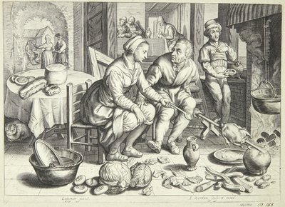 Bir erkek ve bir kadın tavuk kızartma ile mutfak sahnesi by Jacob Matham